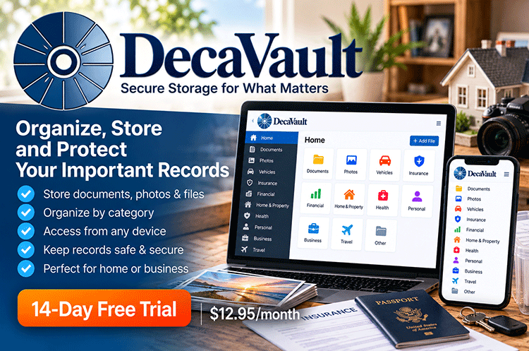 DecaVault personal record keeping software for mileage, rental property, medications, loans and household records